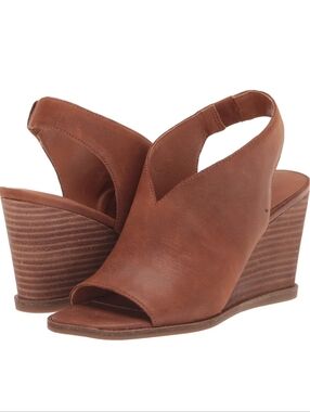 Lucky Brand Cognac Brown Leather Open-Toe Wedge Sandals